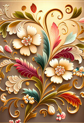 Barokowy wzór kwiatowy – bogaty ornament roślinny w stylu vintage, kolorowa dekoracja, elegancka grafika artystyczna, florystyczny motyw z detalami, luksusowy design, tradycyjna sztuka ornamentalna, i