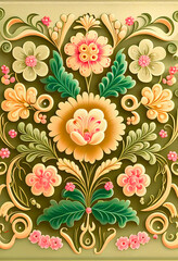 Barokowy wzór kwiatowy – bogaty ornament roślinny w stylu vintage, kolorowa dekoracja, elegancka grafika artystyczna, florystyczny motyw z detalami, luksusowy design, tradycyjna sztuka ornamentalna, i