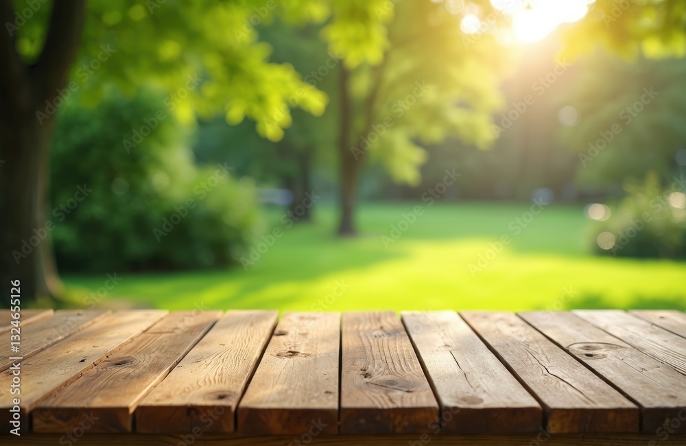 Aufkleber Empty rustic wooden table display for product montage in sunny park background. Nature backdrop with green grass, blurred trees and sun flare. Table top for food, drink or object presentation.