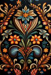 Barokowy wzór kwiatowy – bogaty ornament roślinny w stylu vintage, kolorowa dekoracja, elegancka grafika artystyczna, florystyczny motyw z detalami, luksusowy design, tradycyjna sztuka ornamentalna, i