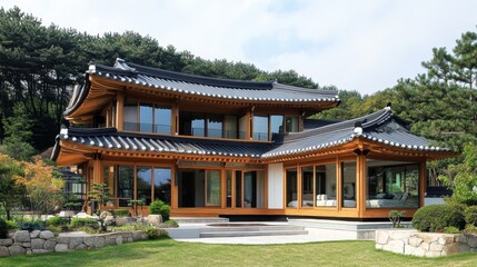 Obraz premium Traditional Asian Style House With Curved Roof Surrounded By Greenery
