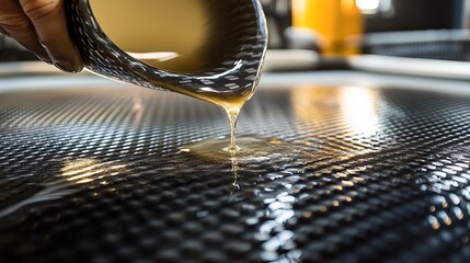 A hand pouring epoxy resin over woven carbon fiber reinforcement cloth, illustrating the production of laminated CFK composite sheets