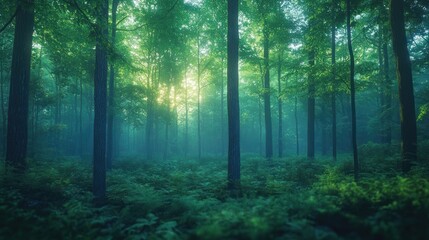 Obraz premium Misty forest interior sunlight