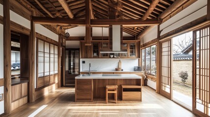 A modern open concept kitchen with traditional wooden architecture