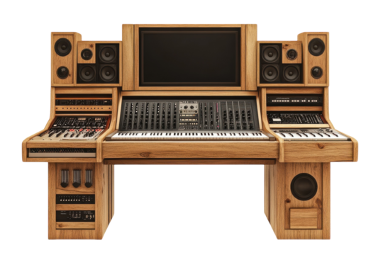 A beautifully crafted wooden music production studio setup showcasing advanced audio equipment isolated on transparent background