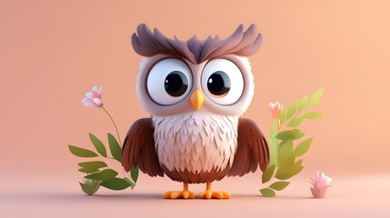 Obraz premium a charming owl character with big eyes in front of a peach background