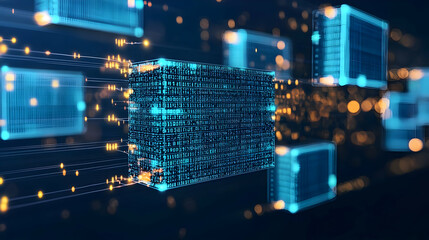 3D Rendered Digital Cube Data Transfer With Futuristic Blue Particles Flowing On Dark Background For Technology Innovation Concepts