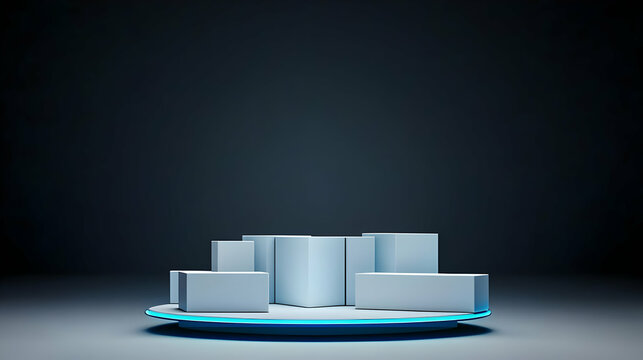 3D Rendered Futuristic Podium With Glowing Blue Neon Lights On A Dark Stage For Product Presentation And Modern Design