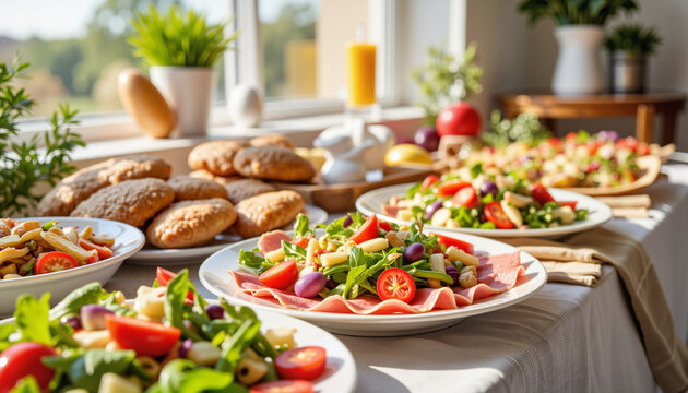 Vibrant Easter brunch buffet with colorful salads and cold cuts, festive gathering