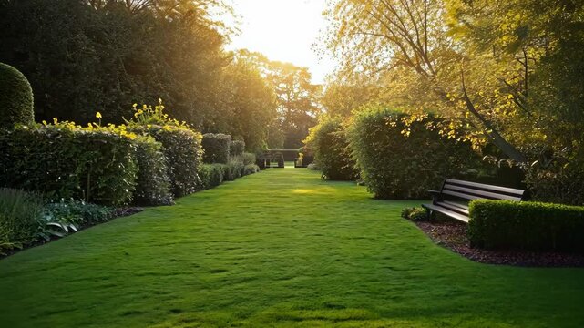 Lush green garden pathway with benches under golden sunlight in evening hours