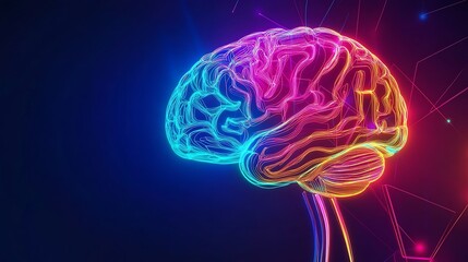 A colorful neon illuminated human brain rendered against a dark background