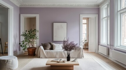 Fototapeta premium A cozy living room design with a purple wall color scheme