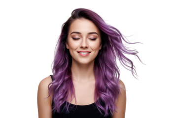 A young woman with long wavy purple ombre hair isolated on transparent background
