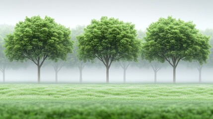 Misty morning, trees in a row, tranquil nature scene
