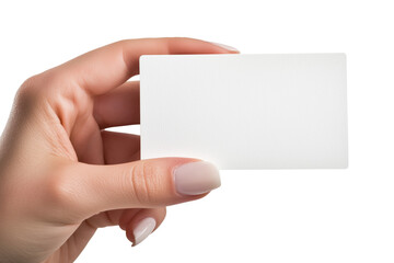 Female hand holding a blank business card on a white background