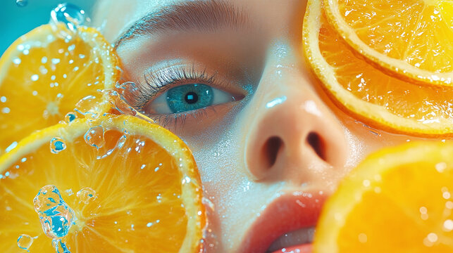 Citrus-infused beauty: Close-up on fresh face, radiant complexion adorned with orange slices, capturing the essence of natural skincare and vibrant health.