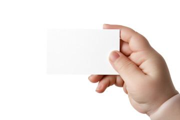 Obraz premium Child's hand holding a blank business card on a white background