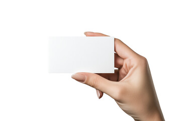 Obraz premium Female hand holding a blank business card on a white background
