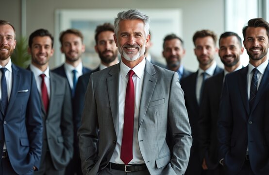 Group of corporate professionals stands together. Focus on smiling mature businessman dressed gray suit with red tie. Others in suits, ties. Corporate culture, teamwork, team success, cooperation.