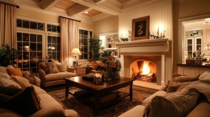 A cozy living room with a warm fireplace and sofas