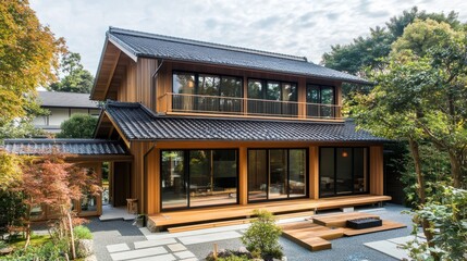 Obraz premium Modern wooden two story home with tile roof and glass windows
