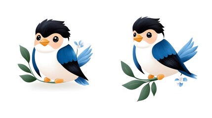 Obraz premium two charming blue birds, a delightful illustration on a branch with leaves, creating a cheerful design
