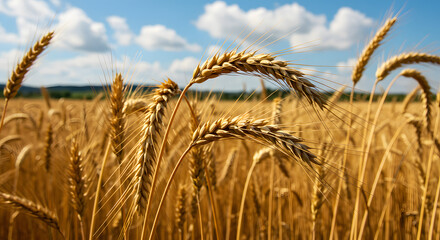 Fototapeta premium Close up view of golden wheat ears in a sunlit field during harvest season, showcasing nature's bounty.