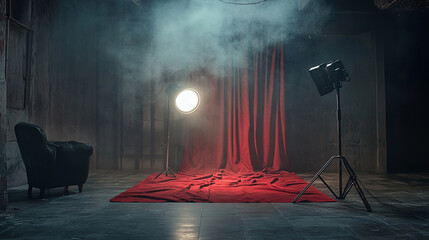 Stage setting: Chair, lights, and red velvet for a theatrical mood, full of atmosphere, a perfect stage for performance. dramatic backdrop.