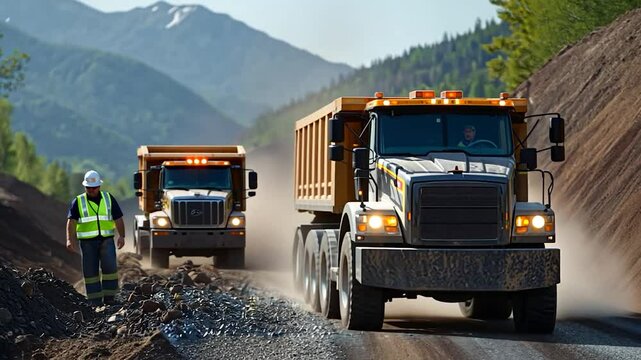 Two heavy trucks transporting gravel on a construction site amidst mountainous terrain