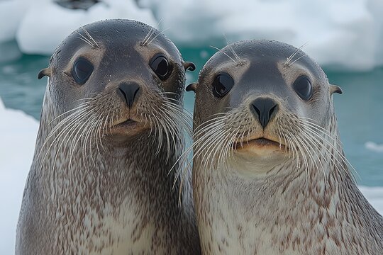 Two Leopard Seals Pose Together Near Ice
