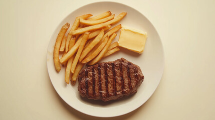 Photo of steak and fries with salted butter sauce on a white plate, top view isolated on a light background, high-resolution photography.
