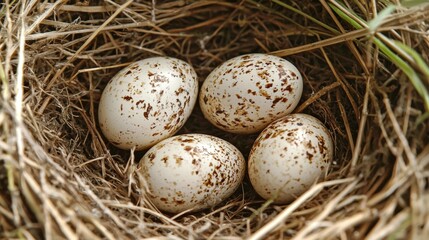 A close up of a birds nest with eggs in soft focus nature background