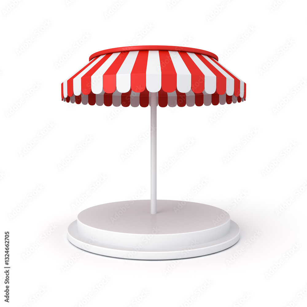 Poster blank white podium pedestal with red striped dome umbrella awning roof or blank product display mock