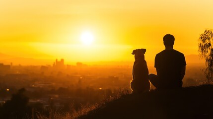 A Person and Dog Watching the Sunset Together Over City