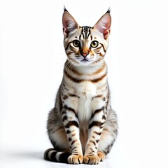 Obraz premium Snow lynx Bengal cat kitten gazes front, isolated on white background. Cute purebred feline with golden eyes and spotted coat. Domestic animal sits, looking directly at camera in studio.