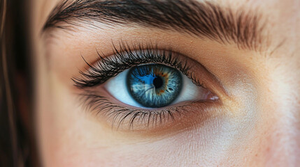 Obraz premium Close-up shot of a striking blue eye with intricate iris details. The eye is framed by dark eyelashes and a light eyebrow. Eye health and vision concepts.