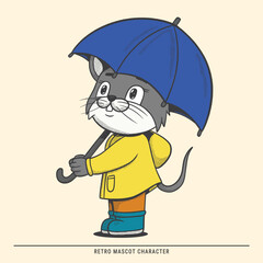 Retro cartoon mouse mascot character with yellow coat and blue umbrella