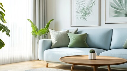 Serene Living Room Interior Design with Light Blue Sofa, Green Accents, and Natural Light