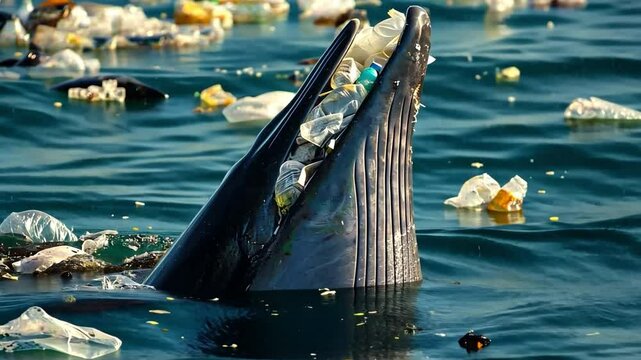 Ocean's Silent Plea: A whale's open mouth is filled with plastic pollution, highlighting the urgent crisis of ocean contamination