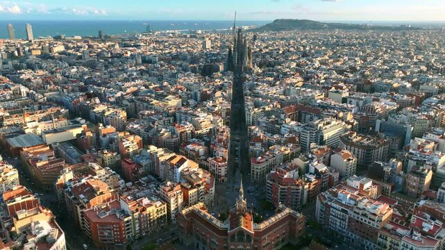 aerial view of Barcelona with famous Barcelona octagon street pattern and cathedral, travel in Barcelona, Spain