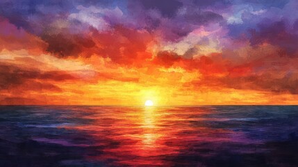 Beautiful painting depicting a dramatic sunset over a calm ocean