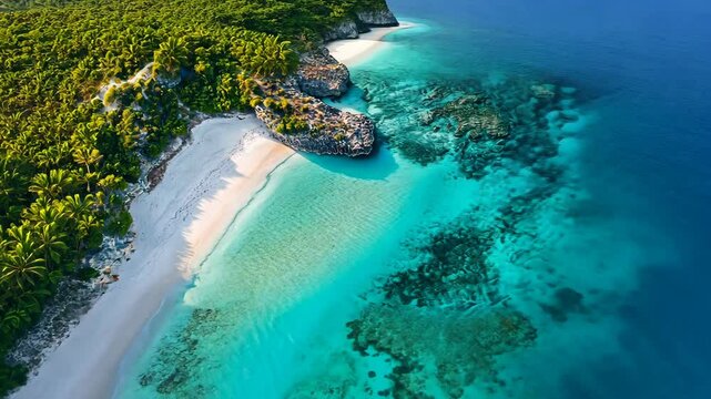 Tropical aerial views: pristine ocean and lush coastline reveal in stunning sequence