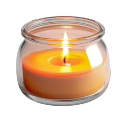 Lit orange scented candle in glass jar with warm glow, cut out