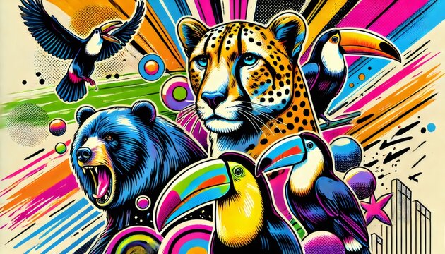 Cheetah, bear, and toucans vibrating in pop art style