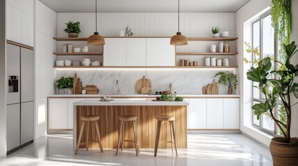 Modern kitchen interior with wooden accents and natural light design