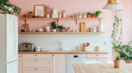 A pastel pink kitchen features shelves filled with plants and decor
