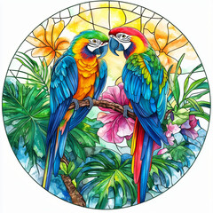 Obraz premium Vibrant parrots in tropical paradise nature artwork lush environment close-up view colorful wildlife representation for art enthusiasts