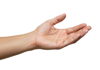 A close-up of a human hand extended in an open receiving gesture isolated on transparent background