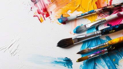 Obraz premium A colorful arrangement of clean line paintbrushes dipped in vibrant colors