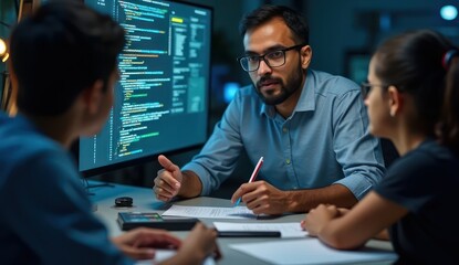 programming teacher helping students understand code in class